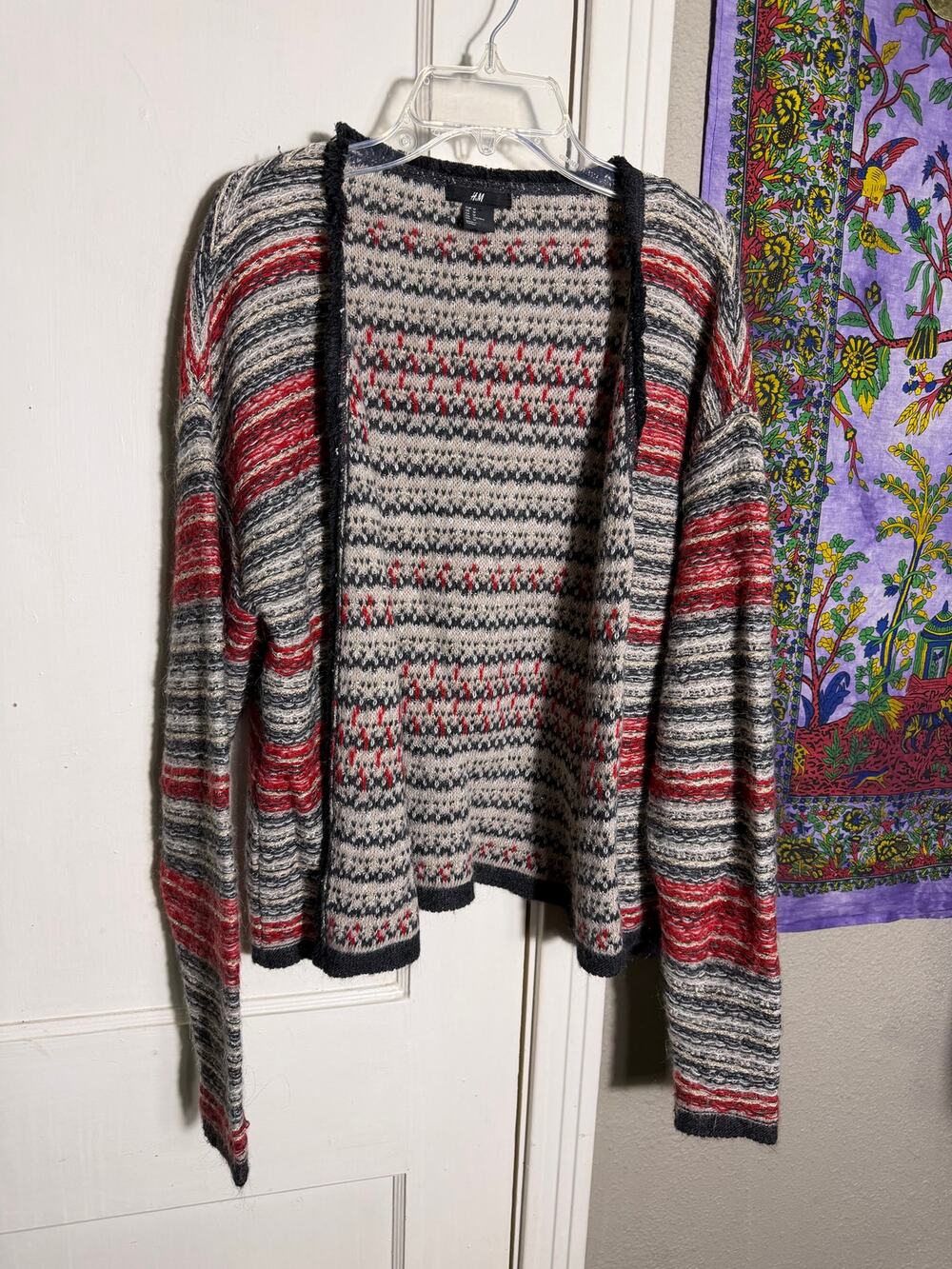 H&M Womens M Fair Isle Cardigan Open Front Oversized Nordic Knit Red Gray